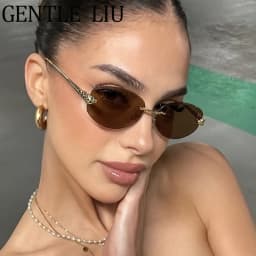 Vintage Hexagon Rimless Sunglasses Women 2026 Luxury Brand Trendy Gold Leopard Head Y2K Punk Sun Glasses Travelling Eyewear