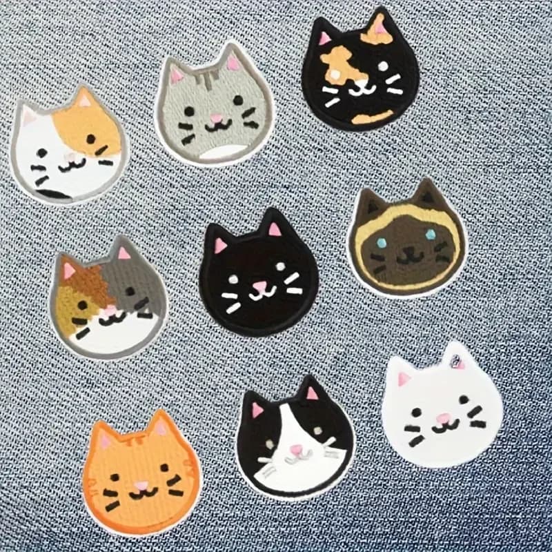 9PCS Smile Cute Cat Embroidered Patch Iron On Sew On Patches For Clothing Cap Bag Jacket DIY Gift Animal Badge With Hot Adhesive