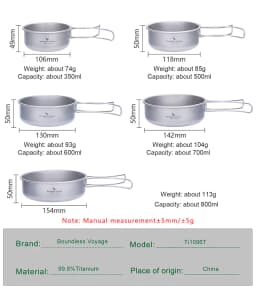Boundless Voyage Titanium Pans Bowls Dishes Set with Folding Handle Outdoor Camping Portable Plates Saucers Tableware Ti1096T