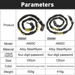 ULAC Bicycle 4 Digit Password Lock 1m/1.2m MTB Road Bike Anti-theft Steel Chain Lock Protable Safety Stable Cycling Padlock