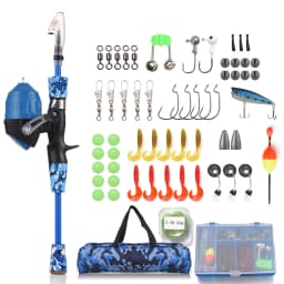 Fishing Rod and Reel Combo Full Kit 1.2m/1.5m Telescopic Casting Rod Pole with Spincast Reel and Hooks Lures Swivels bag