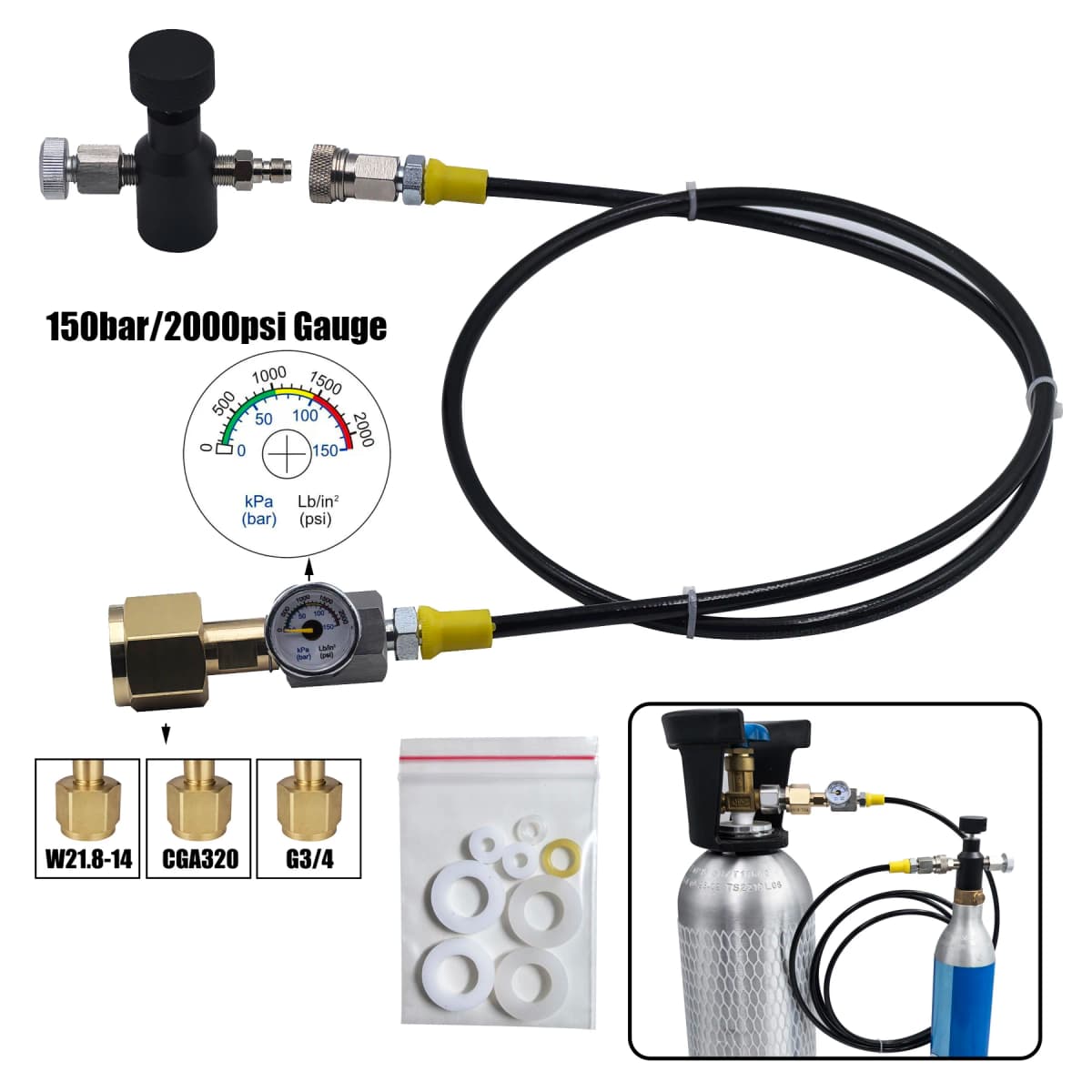 Sparkling Water Maker Blue Cylinder CO2 Refill Fill Station Adapter with Hose Gauge Kit, Soda Machine CO2 Bottle Charging Valve
