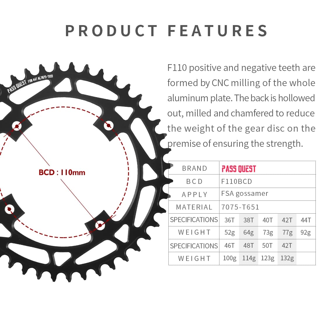 110mm BCD Chainring for FSA Gossamer CRANK 36T 38T 40T 42T 44T 46T 48T 50T 52T Bike Chain 110bcd
