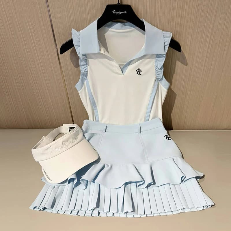 PL New Golf Clothes Women Ruffle Sleeveless V-Neck T-shirt Ladies Fly Sleeve Slim Tank Top High Waist Pleated Tennis Skirts Golf
