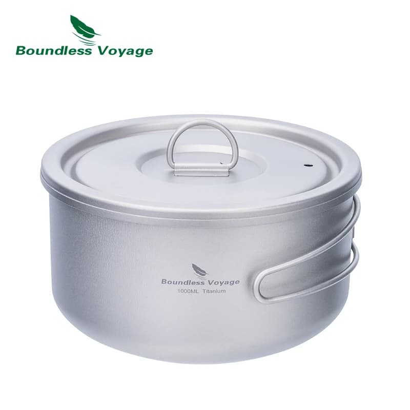Boundless Voyage Titanium Camping Pot with Lid Ultralight Outdoor Cooking Pot Single Layer Lunch Box with Folding Handle Ti2041C