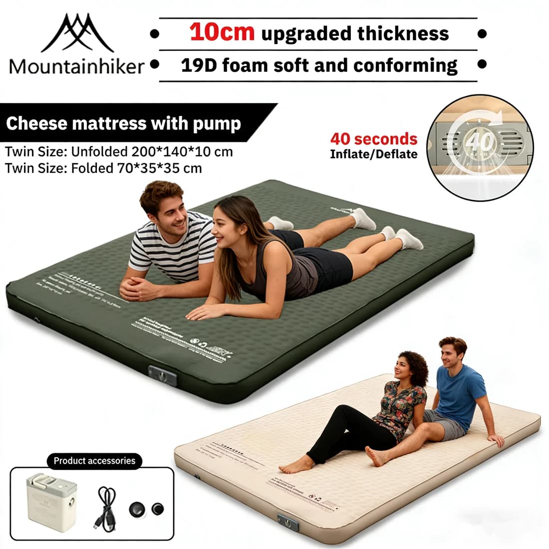 Mountainhiker 10CM Inflatable Cheese Mattress Special Sponge Upgrade Portable Sleeping Pad Mat for Outdoor Camping Family Use