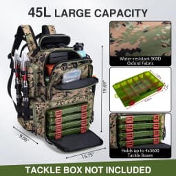 Goture 45L Large Capacity Fishing Backpack,Waterproof Tackle Bag with 4 Tackle Boxes,Rod Holder Storge Fishing Gear Gift for Men