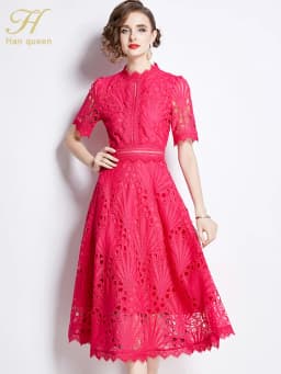 H Han Queen Spring New Elegant Casual Work Party Dresses Floral Crochet Hollow Out Lace Patchwork Casual Office Midi Dress