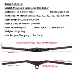 KOCEVLO Black Matte Carbon MTB Handlebars and Stem 28.6mm Integrated Handlebar For Mountain Bike 70/80/90/100mm Angle -17 Degree