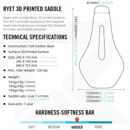 RYET 3D Printed Full Carbon Bicycle Saddle 245mm *135/145/155mm Bike Saddle for MTB Gravel Road Bike Seat bicycle parts
