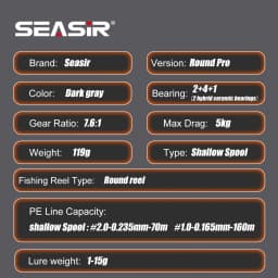 SEASIR Round Rro BFS 119g Baitcasting Fishing Reel Ultralight All Carbon Fiber 7.6:1 Drag 5kg With Free Reel Bag Fishing Coil