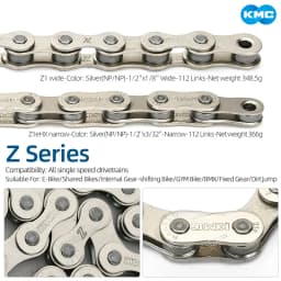KMC Bike Chain Single Speed Chains K1 Fixed Gear BMX Z1 Bicycle Chain 1/2"x1/8" 3/32" 112 Links for Shimano