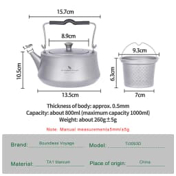 Boundless Voyage 800ml Titanium Kettle with Infuser Ultralight Stovetop Teapot with Filter for Loose Tea Outdoor Water Boiler