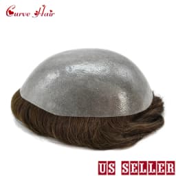 Invisible Full Poly Mens Toupee Thin Skin Hair System For Men 100% Human Hair Replacement All Clear PU Mens Wig