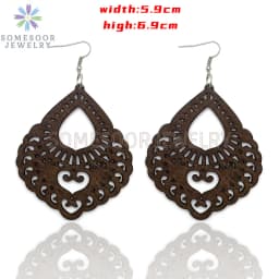 SOMESOOR Dark Brown Geometric Engraved African Wooden Drop Earrings Afrocentric Ethnic Bohemian Dangle Jewelry For Women Gifts