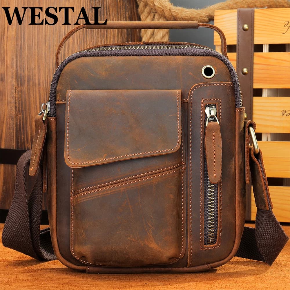 WESTAL Crazy Horse Leather Shoulder Bags for Men Crossbody Bags Purse My Order USB Charging Messenger Bags Leather Handbags Man