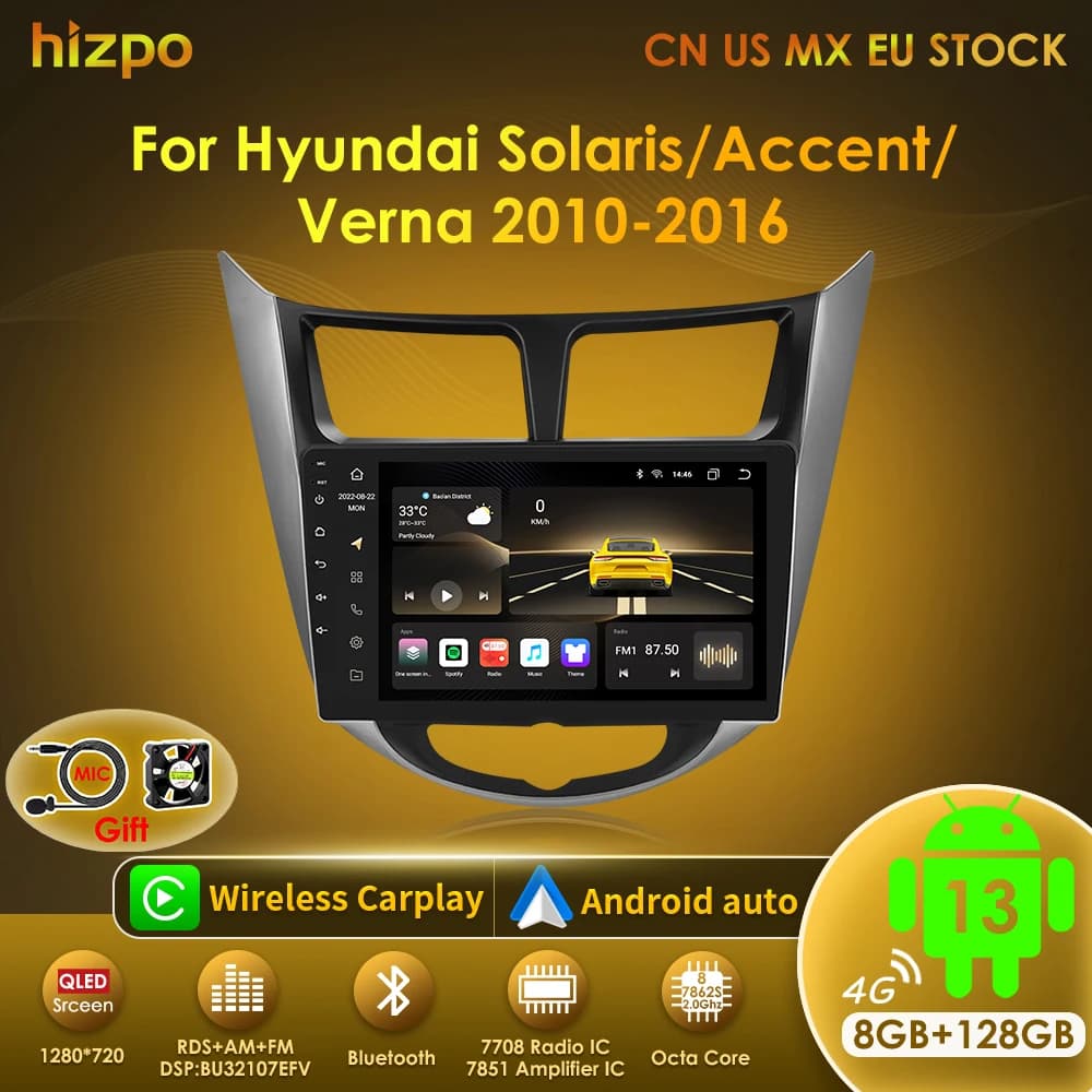 Hizpo Android 13 Car Stereo Radio For Hyundai Solaris Accent Verna 2010-2016 Multimedia Video Player Navigaion GPS 2 Din 4G LTE