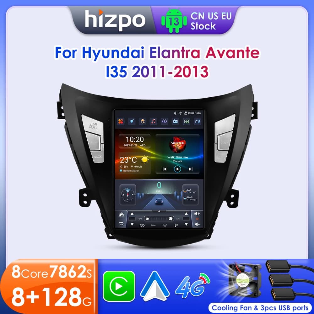 Hizpo 9.7" Tesla Style Android 13 Radio For Hyundai Elantra Avante I35 2011-2013 Multimedia Stereo Player GPS Navigaion 2 din BT