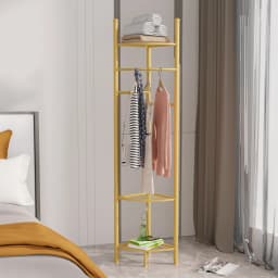 Space-Saving Tall Entryway Gold Metal Coat Stand with Shelves A Free-Standing Clothes Rack Ideal for Bedroom & Living Room