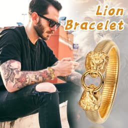 BONISKISS Men's Lion Head Bracelet Stainless Steel Gold Elastic Clasp Bracelet Adjustable Men's Fashion Jewelry Gift