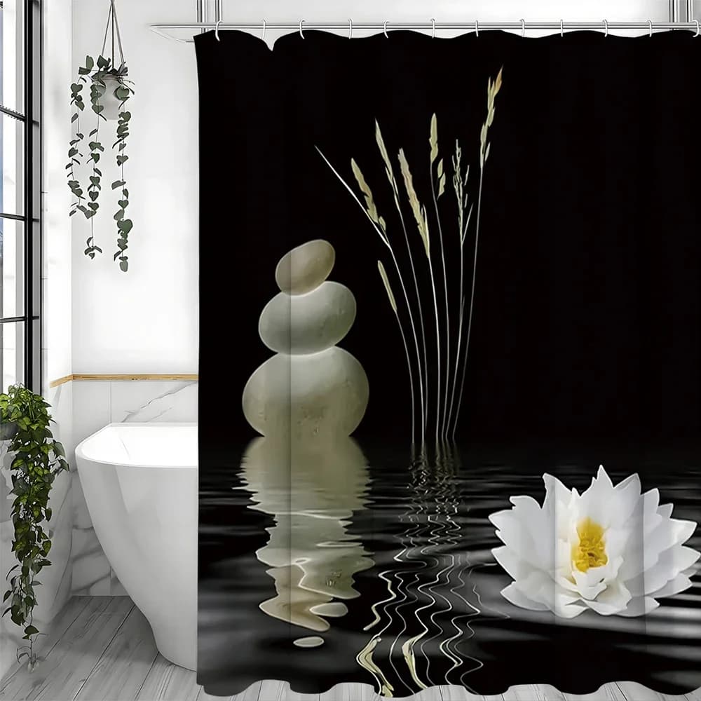 Zen Stone with Asian Sleeping Lotus Reflection in Water Black and White Shower Curtain, Bathroom Decorative Shower Curtain, Wate