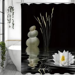 Zen Stone with Asian Sleeping Lotus Reflection in Water Black and White Shower Curtain, Bathroom Decorative Shower Curtain, Wate