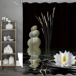 Zen Stone with Asian Sleeping Lotus Reflection in Water Black and White Shower Curtain, Bathroom Decorative Shower Curtain, Wate