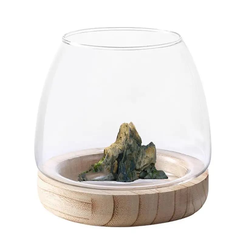 Clear Glass Vases Fish Tank With Wooden Base Hydroponic Plant Vase Ecological Fish Tank Flower Vase Centerpiece Decorative