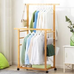 Double Layer Garment Hanging Display Stand Rack, Clothes Rail with Rolling Wheel, Heavy Duty, Wardrobe