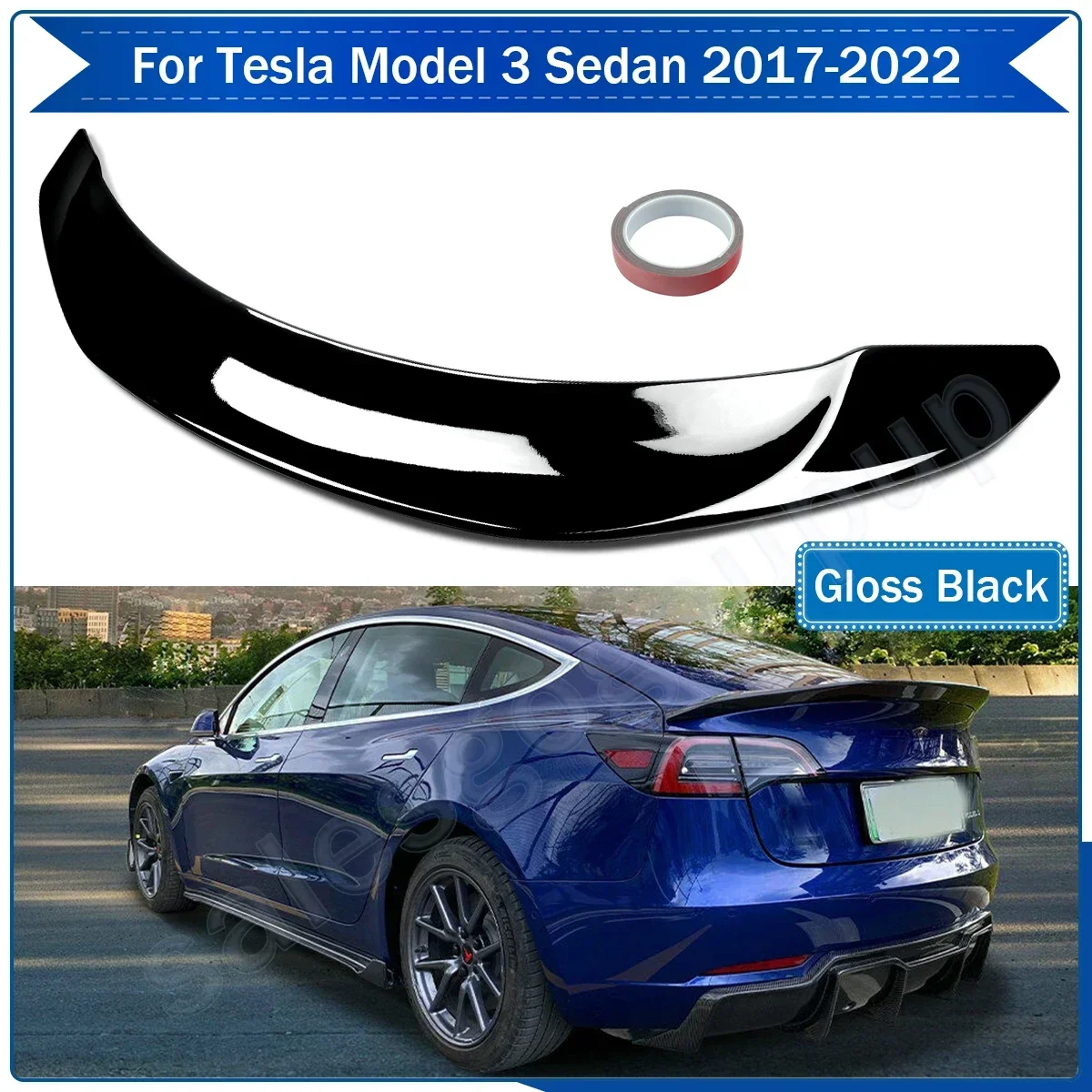 FOR 2017-2022 TESLA MODEL 3 V STYLE HIGHKICK GLOSS BLACK REAR TRUNK SPOILER WING
