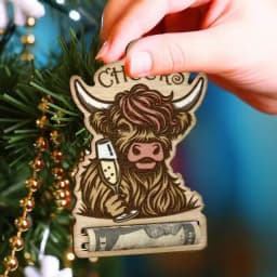 Money Holder Christmas Tree Ornament Highland Cattle Christmas Money Holders For Cash Wooden Christmas Tree Wallet Ornament