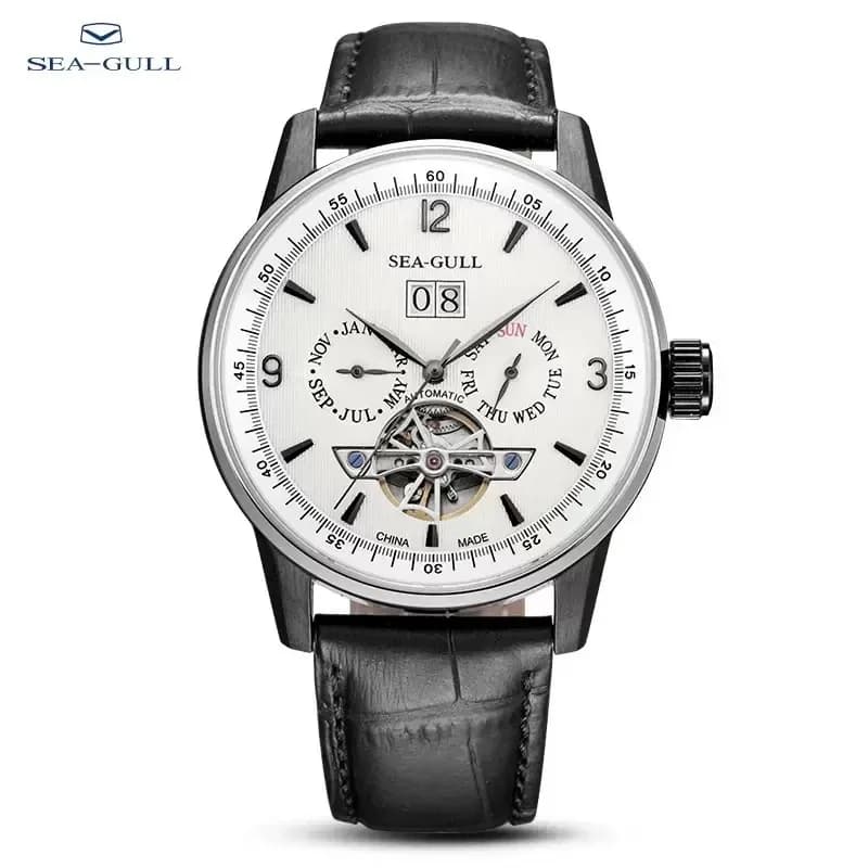 Seagull Men Automatic Watch Fashion Hollow Flywheel Mechanical Wristwatch Multi-function calendar week month Waterproof Clock