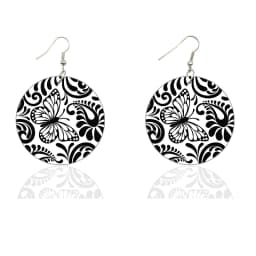 Vintage 5cm Small Round Wooden Drop Earrings Bohemian Flower Black White Prints Afro Ethnic Loops Dangle Jewelry For Women Gifts