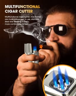 Cigar Lighter 4 Torch Jet Flame,Cigar Punch & Holder & Draw Enhancer,Refillable Torch Lighter,Multi-Functional Cigar Accessories