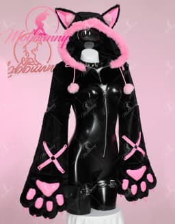 Mobbunny Women's Sexy Leather Jumpsuit V-neck Tight Bodysuit and Hooded Sweatshirt with Furry Paw Gloves and Chest Plate