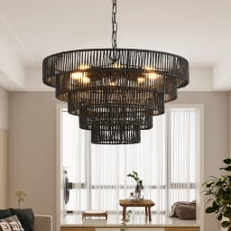 24" Rustic 5-Tier Black Hemp Rope Pendant Light Chandelier with 8 E12 Sockets, Boho Farmhouse Ceiling Fixture,Dining,Kitchen