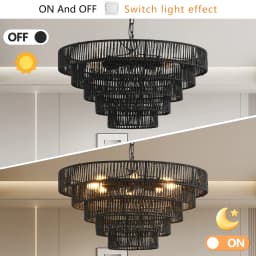 24" Rustic 5-Tier Black Hemp Rope Pendant Light Chandelier with 8 E12 Sockets, Boho Farmhouse Ceiling Fixture,Dining,Kitchen