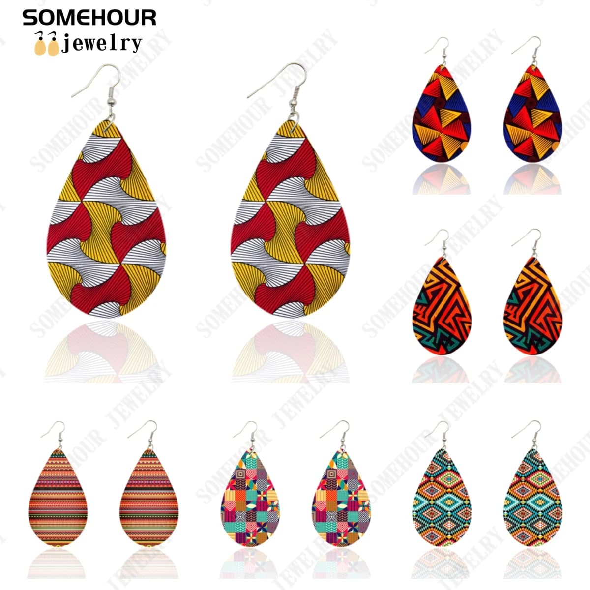SOMEHOUR African Ethnic Art Craft Water Drop Earrings For Women Afro Fabric Design Print Bohemian Natural Wooden Pendant Dangle