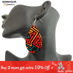 SOMEHOUR African Ethnic Art Craft Water Drop Earrings For Women Afro Fabric Design Print Bohemian Natural Wooden Pendant Dangle