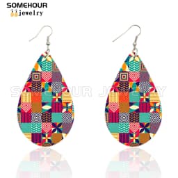 SOMEHOUR African Ethnic Art Craft Water Drop Earrings For Women Afro Fabric Design Print Bohemian Natural Wooden Pendant Dangle