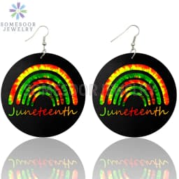 SOMESOOR I Am Black 1865 Juneteenth Day Wooden Drop Earrings For Women Gifts Rainbow Printing Fashion Loops Wood Ear Jewelry