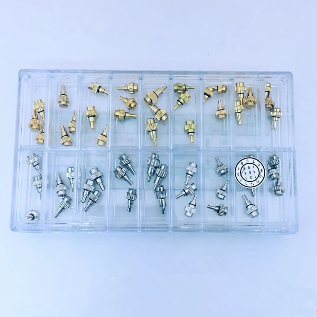 54Pcs/Box Replace Stainless Steel Watch Pusher Button Crown Chronograph Button Drive In Watch Pusher Flat Head Push Type Crown