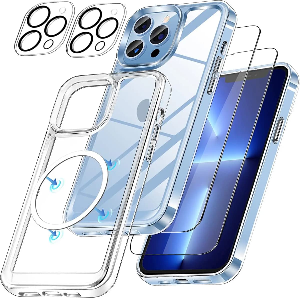 【5 in 1】Clear Case for iPhone 14 Pro Max with MagSafe Built-in with 9H Tempered Glass Screen Protector & Camera Lens Protector