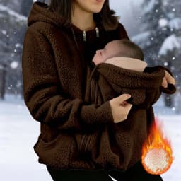 2 in 1 Warm Fleece Hoodie Coat with Baby Carrier Long Sleeve Faux Fur Plush Sweatshirt Outdoor Mom's Hoodie Jacket Baby Bag