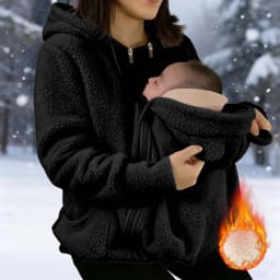 2 in 1 Warm Fleece Hoodie Coat with Baby Carrier Long Sleeve Faux Fur Plush Sweatshirt Outdoor Mom's Hoodie Jacket Baby Bag