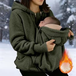 2 in 1 Warm Fleece Hoodie Coat with Baby Carrier Long Sleeve Faux Fur Plush Sweatshirt Outdoor Mom's Hoodie Jacket Baby Bag