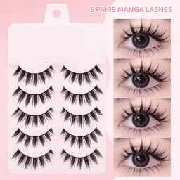 DINGSEN 5 Pairs Manga Lashes Eyes Lashes Soft Natural Long Eyelashes Fake Lashes Anime Wispy Strip False Eyelashes Makeup
