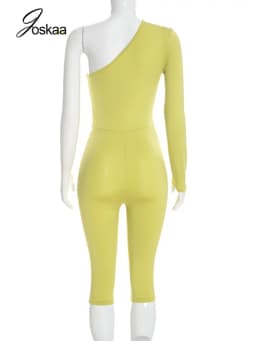 Joskaa Sexy One Shoulder Hollow Out Long Sleeve Bodycon Capri Jumpsuit Women Party Club One Piece Rompers Y2k Streetwear