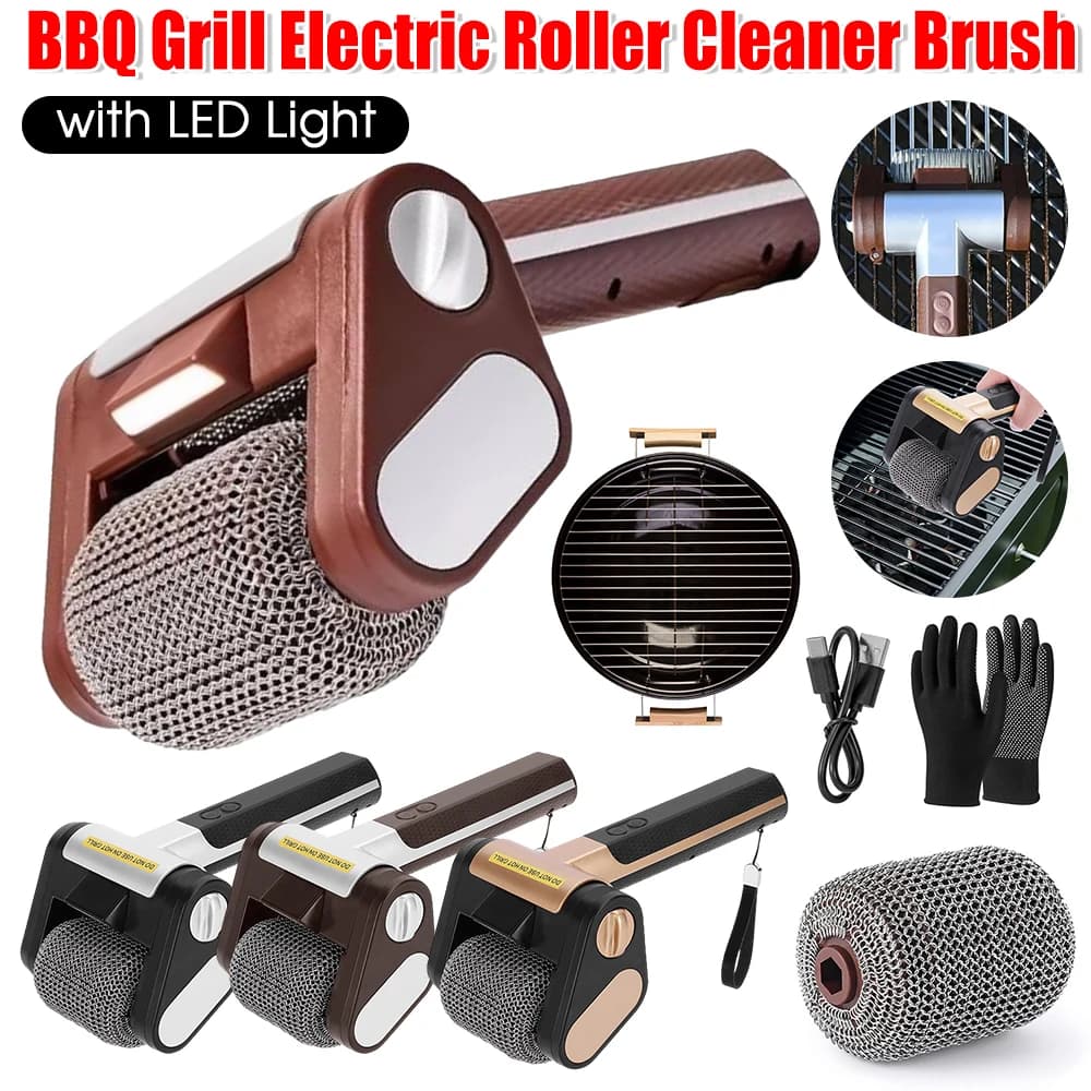 Electric Roller Grill Brush with LED Light Stainless Steel Bristle-Free BBQ Cleaner Brush Rechargeable Barbecue Cleaner Tools