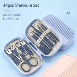 14 Piece Deluxe Manicure & Pedicure Set Pink And Blue Stainless Steel Nail Scissors, Clippers, Ear Digging Spoon for Men & Women